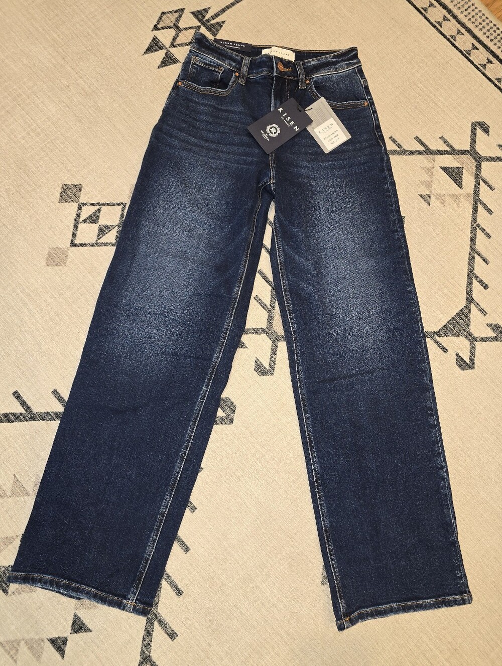 Risen Jeans High Rise Dark Wash Denim Stretch wide Leg 1/25 NWT